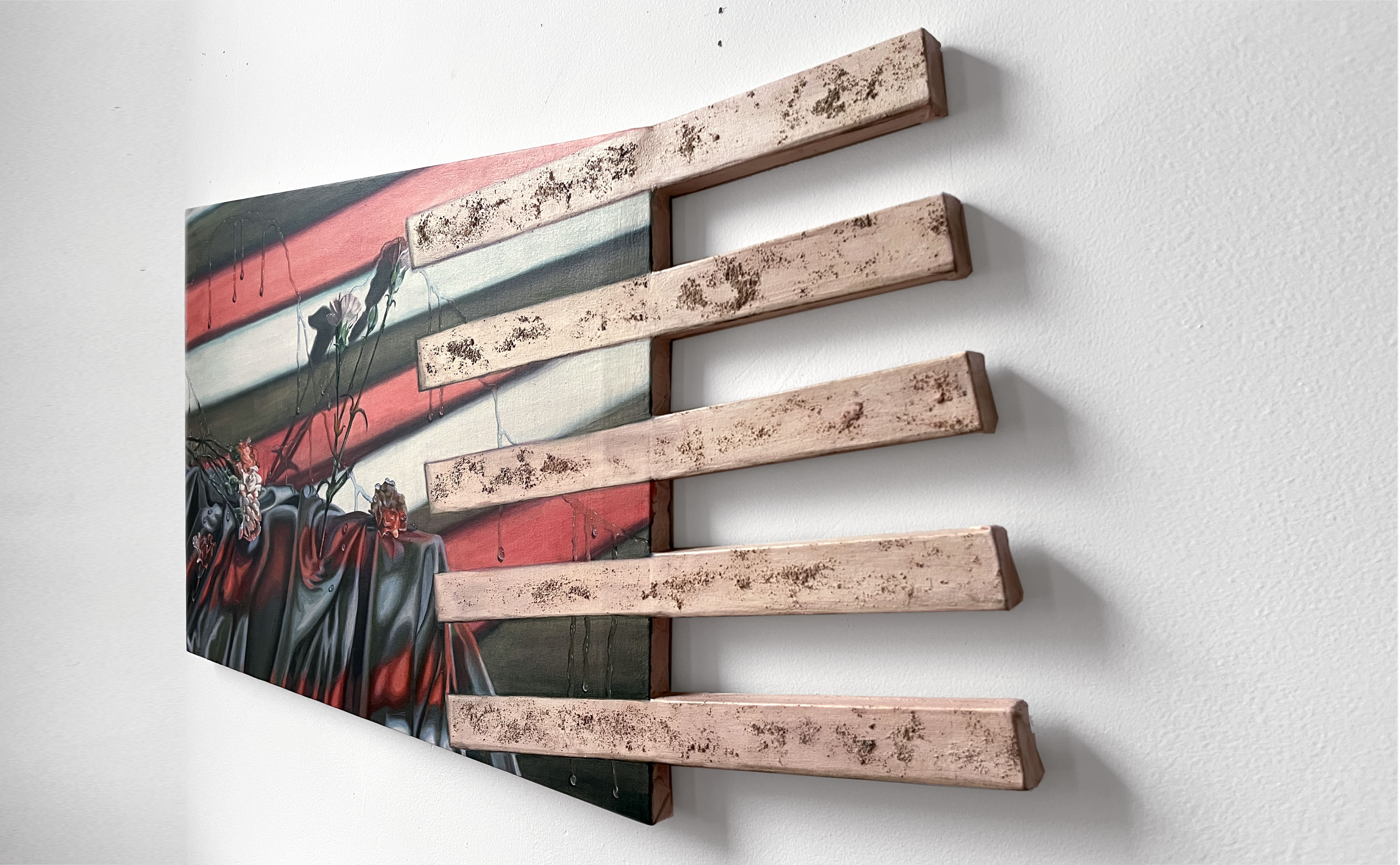 Accidents Happen, (right side view) 18x32x1 1/8 <br>oil and pumice gel on built canvas, 2024
<br>